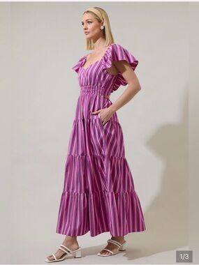 Sugarlips Pink Striped Nala Tiered Maxi with Flutter Sleeves